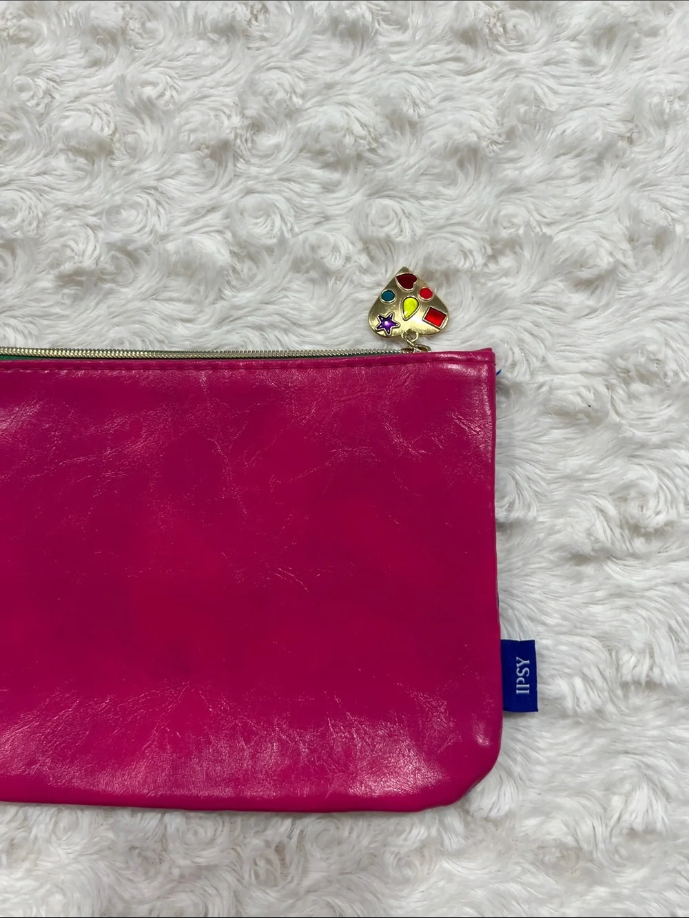 Bright Pink and Blue Cosmetic Pouch with Heart Charm Zipper Makeup Bag
